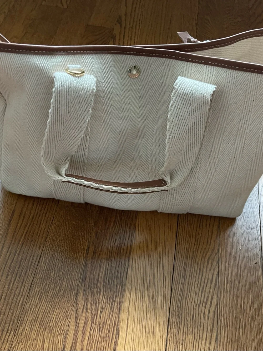 Cream Canvas Tote with Brown Trim and Gold Ring Accent